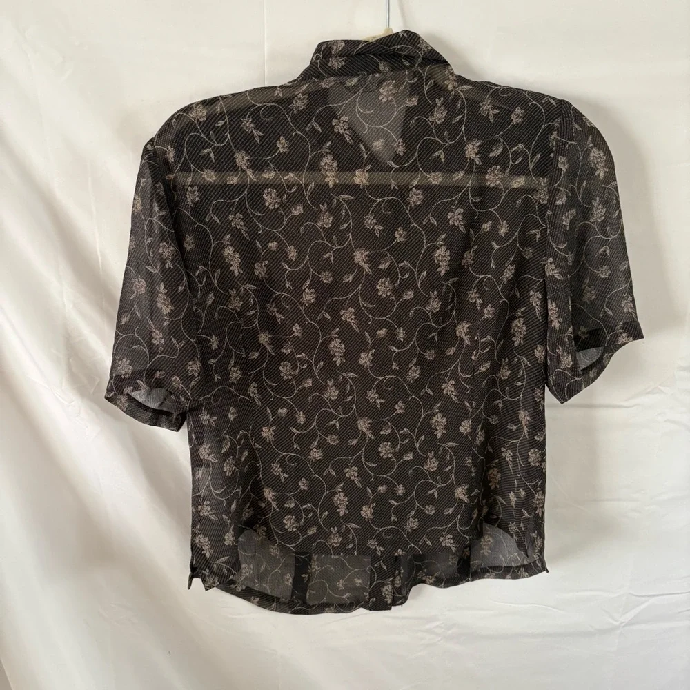 Vintage black gray collared button up short sleeve blouse top women’s medium - Picture 4 of 6